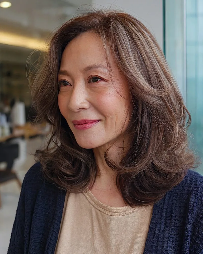 Side-parted long layered haircut for older Asian woman with voluminous medium brown hair