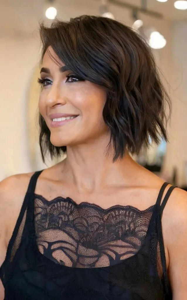 Side-Parted Short Messy Inverted Bob Haircut for Women Over Forty