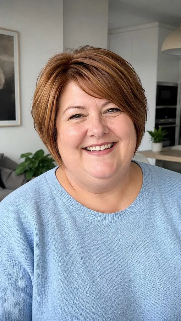 Side-swept copper bob with golden highlights on round face