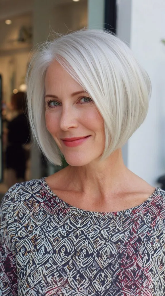 Silver Angled Chin-Length Bob with Soft Interior Stack