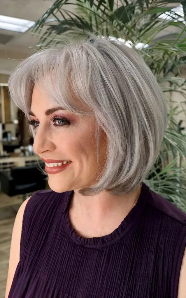 Silver Bob with Curtain Bangs for Women Aged 40 and Up