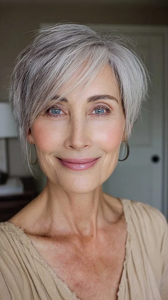 Silver grey textured pixie with piecey wispy bangs