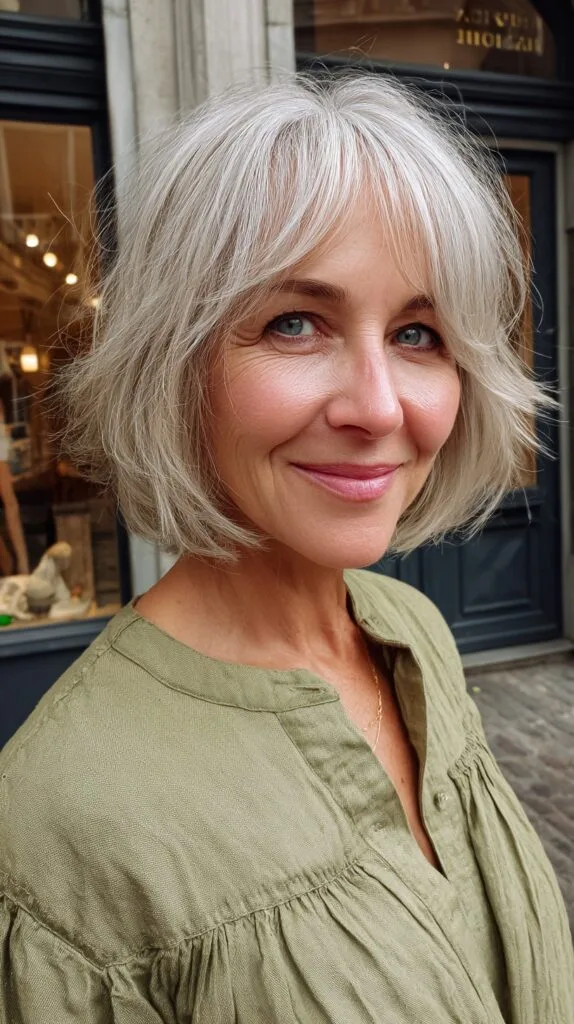 Silver Layered Chin-Length Bob with Airy Curtain Fringe