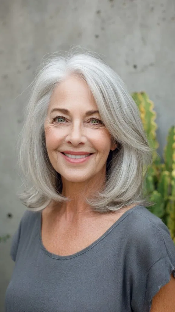 Silver Shoulder-Length Layered Lob with Subtle Internal Graduation