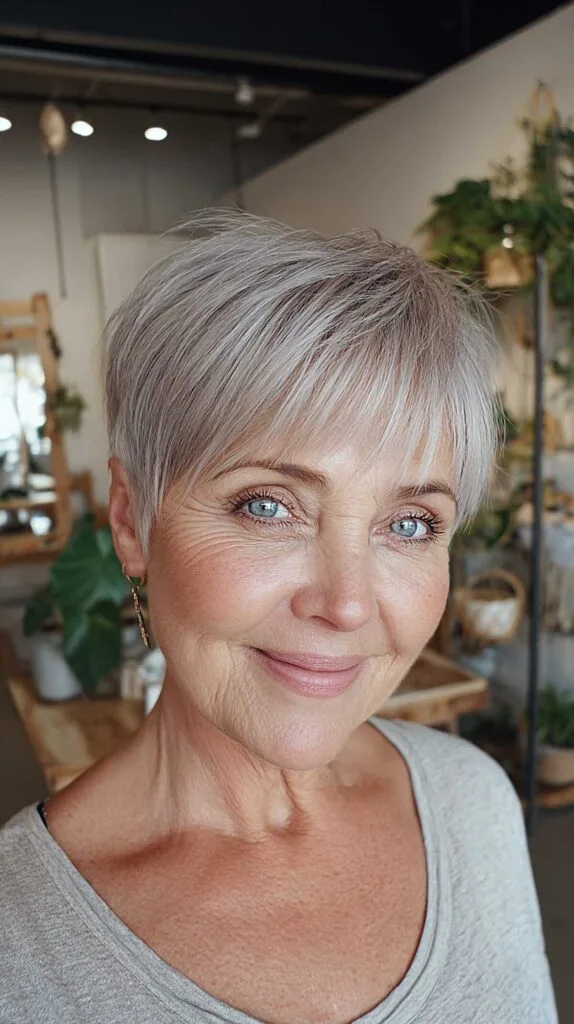Silver wispy pixie cut with tapered sides and bangs
