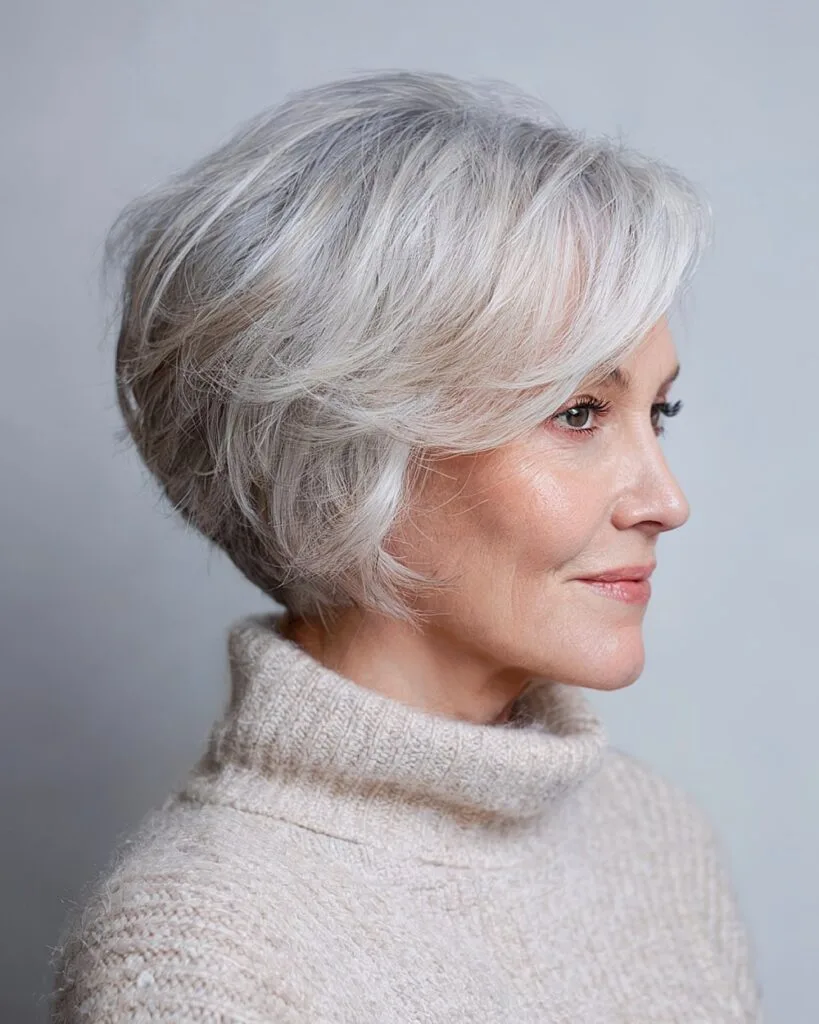 Silverlift inverted bob hairstyle for over 60 with voluminous crown and icy finish