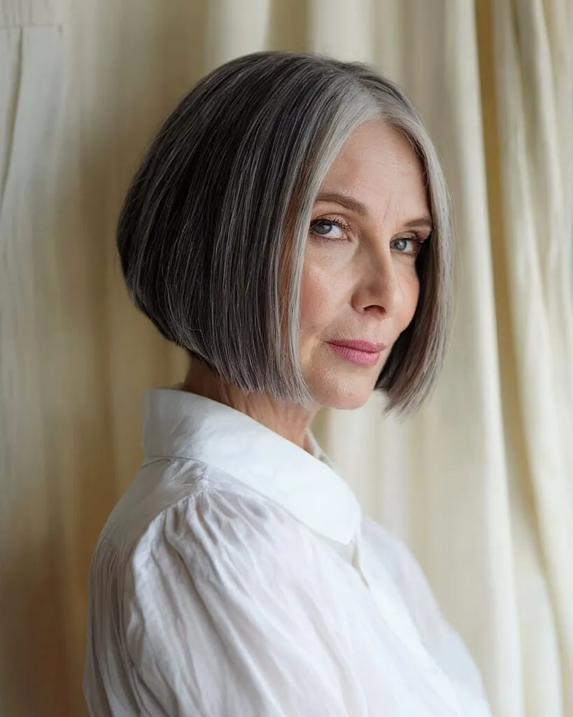 Sleek A-line bob for over 60 with straight cut and sharply angled sides