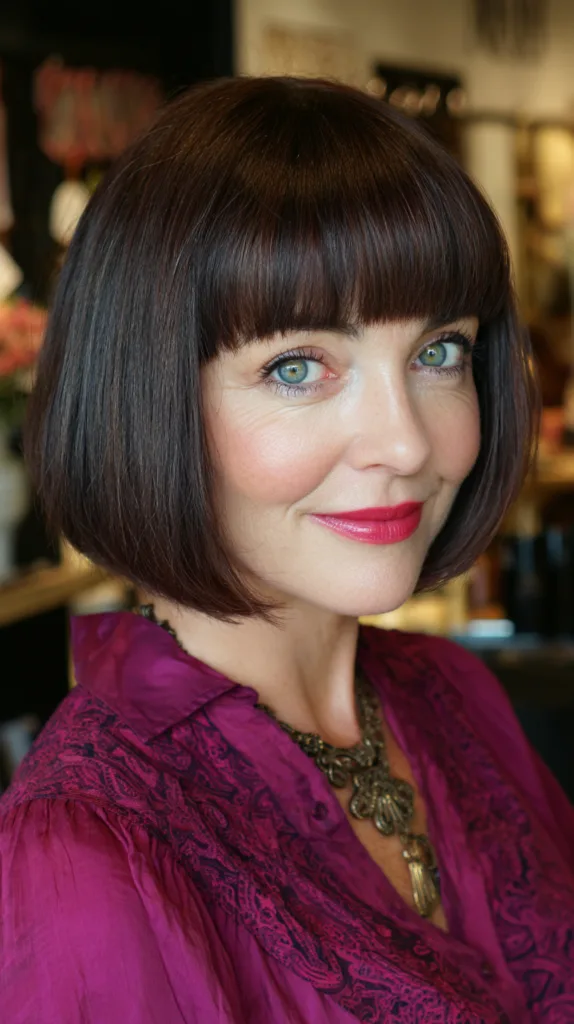 Sleek Chocolate Bob with Bold Bangs