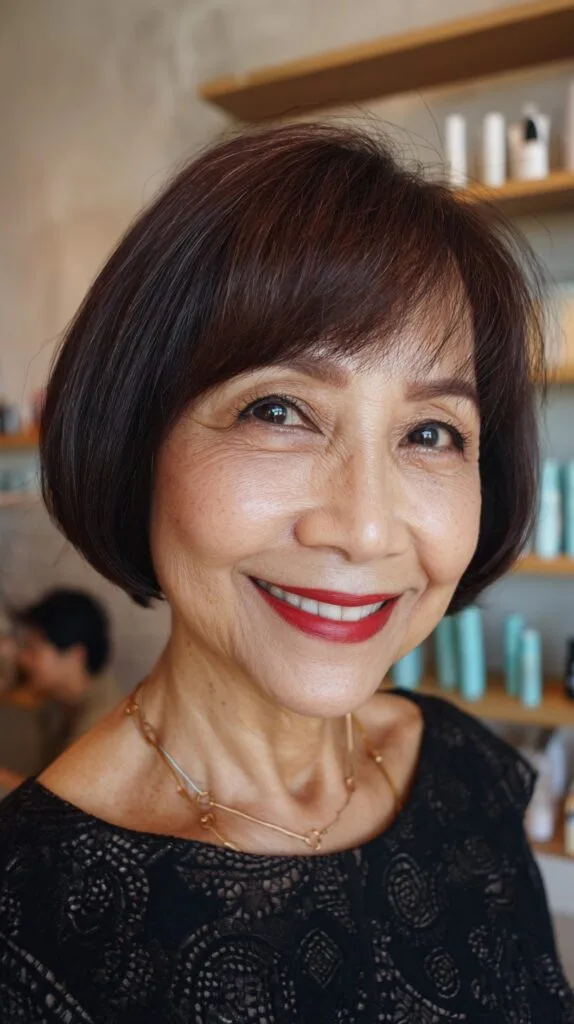 Sleek Mahogany Rounded Bob with Natural Gray Highlights