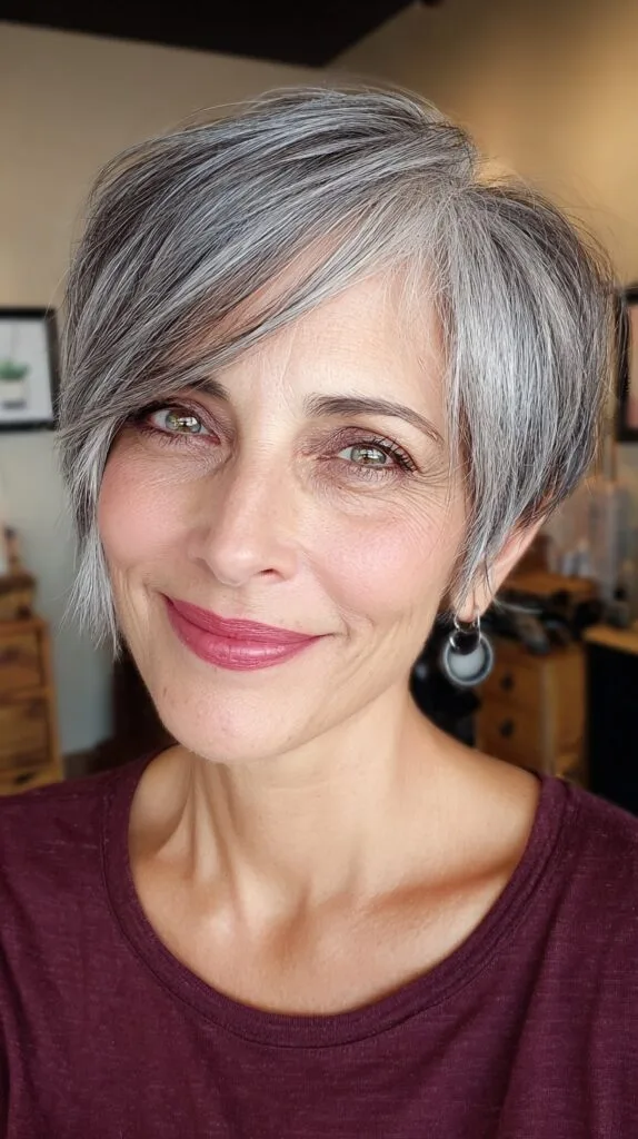 Sleek Silver Pixie with Side-Swept Bangs