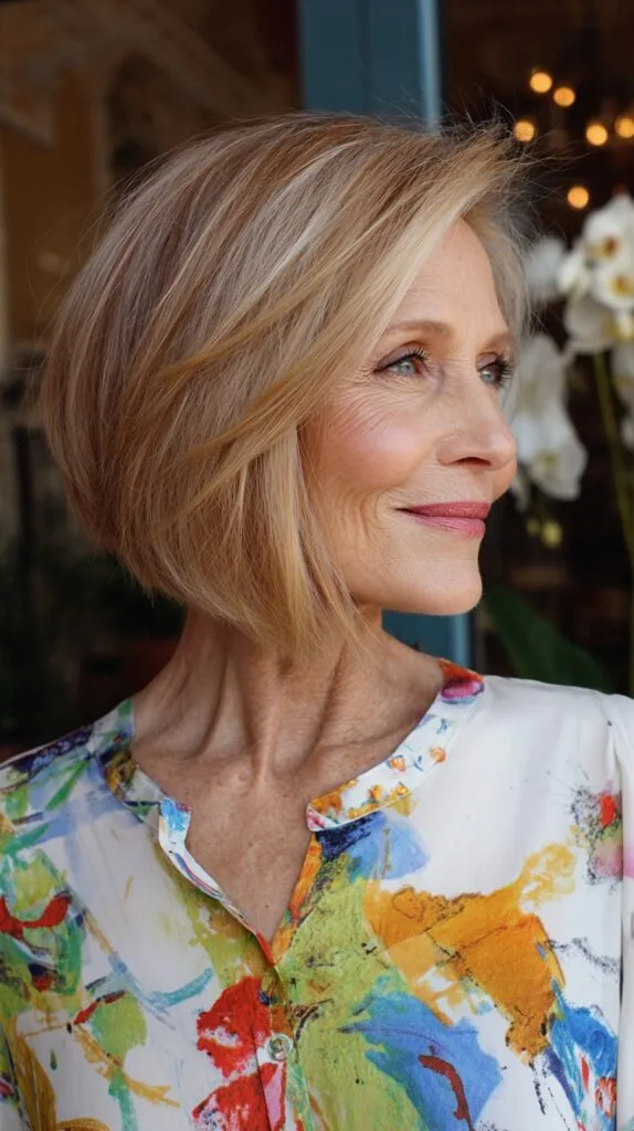 Soft Angled Blonde Stacked Bob with Root-Blend for Mature Hair