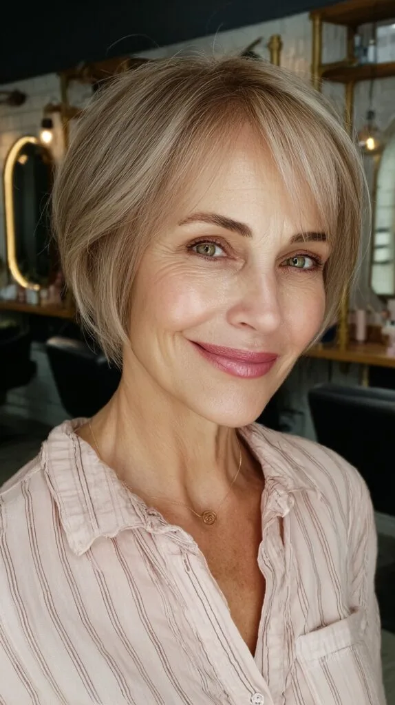 Soft Ash Blonde Layered Bob for Mature Skin