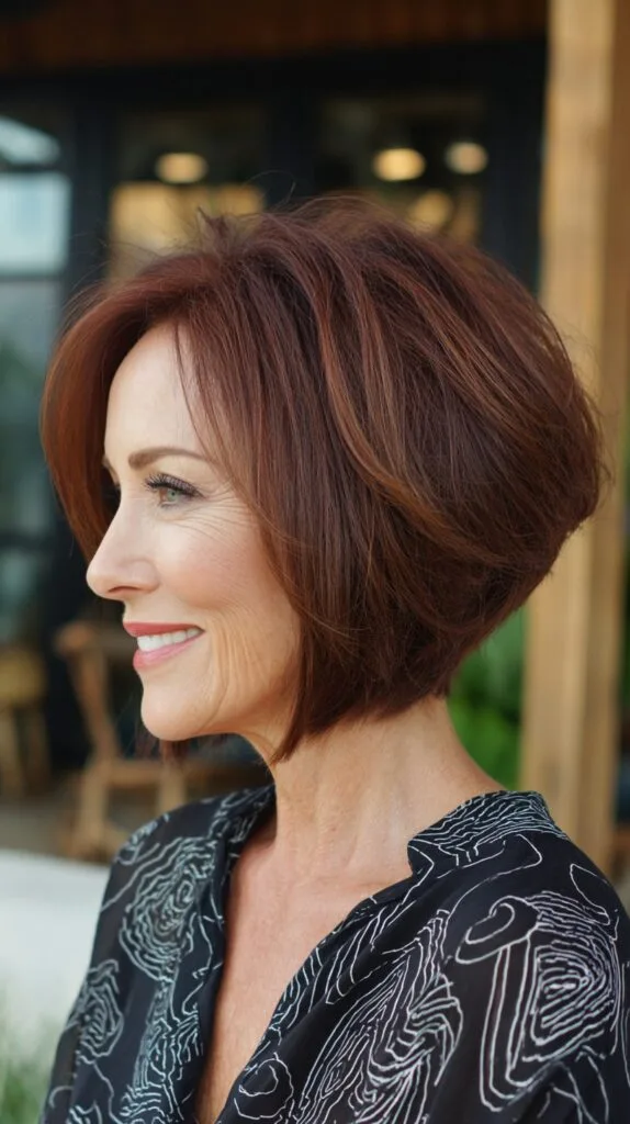 Soft Auburn Graduated Inverted Chin-Length Bob with Micro-Feathering