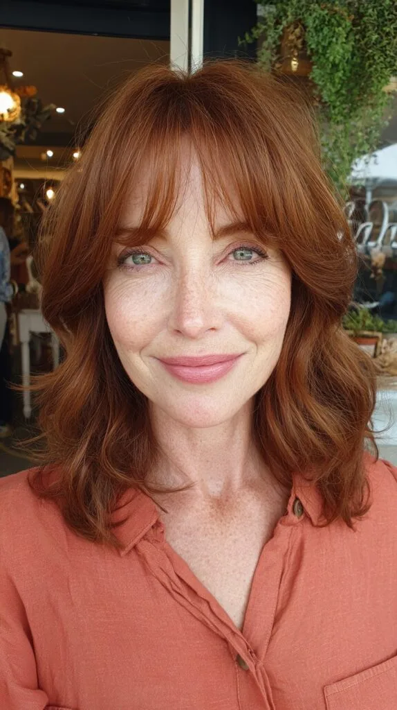 Soft Auburn Lob with Gentle Waves and Textured Curtain Bangs