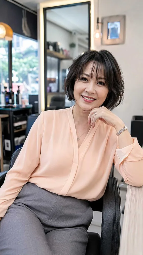 Soft black short choppy bob with gentle waves and bangs