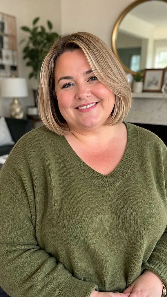 Soft blonde chin-length bob with side-swept styling