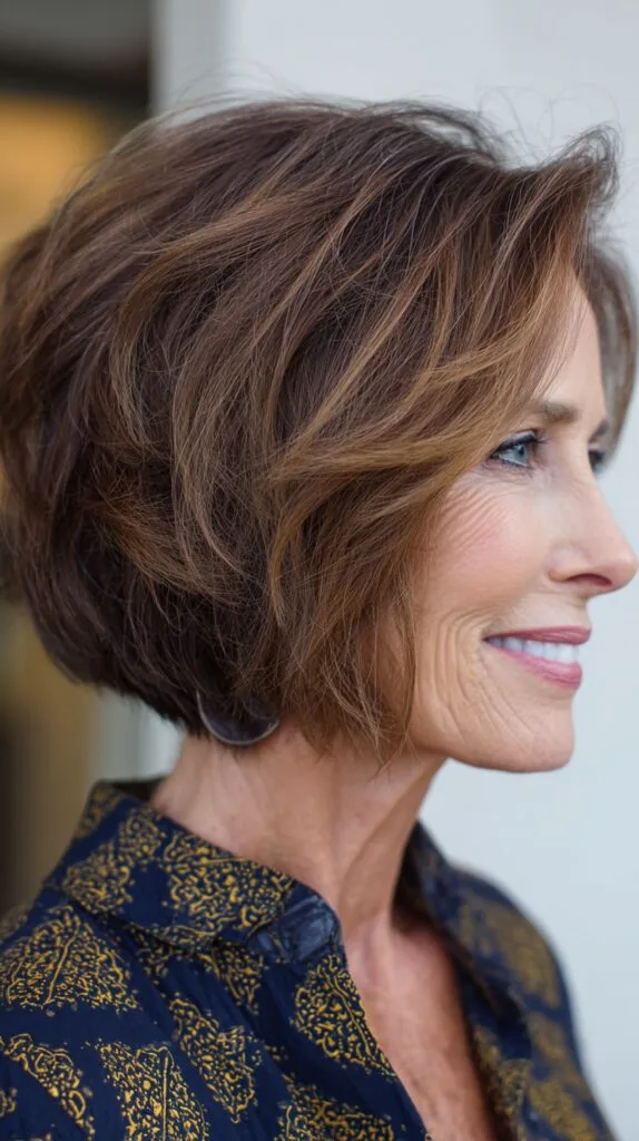 Soft Chestnut Stacked Inverted Bob with Face-Framing Sweep