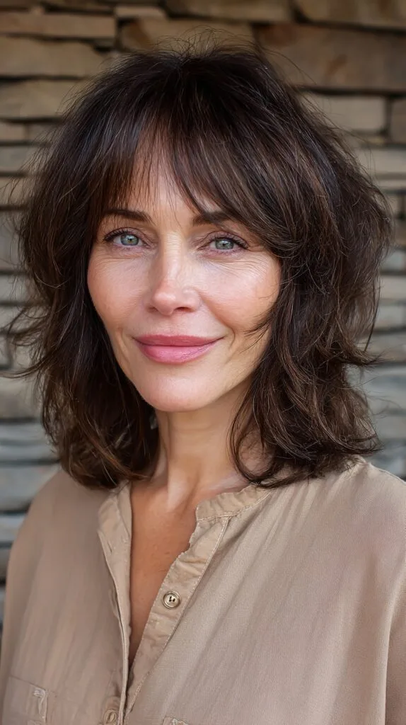 Soft Chocolate Lob with Delicate Curtain Bangs