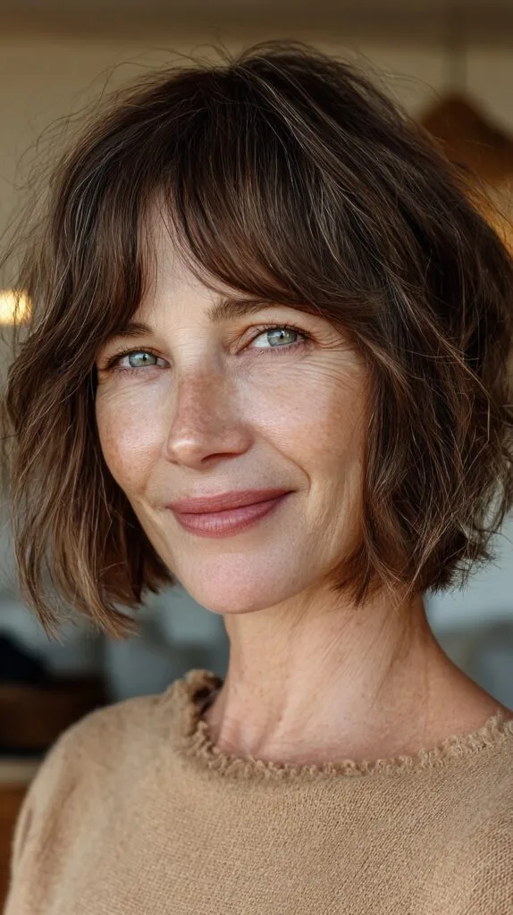 Soft Choppy Chin-Length Bob with Salt-and-Pepper Curtain Bangs