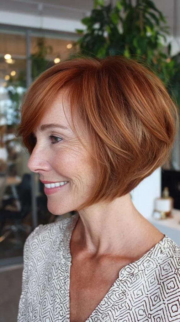 Soft Copper Angled Stacked Bob with Micro Face-Framing Layers