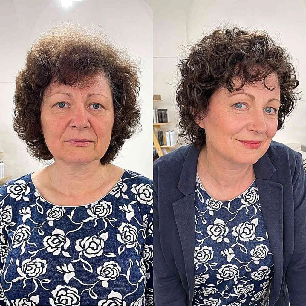 Soft Curly Bangs on a Curly Bob Haircut for Women Aged 50
