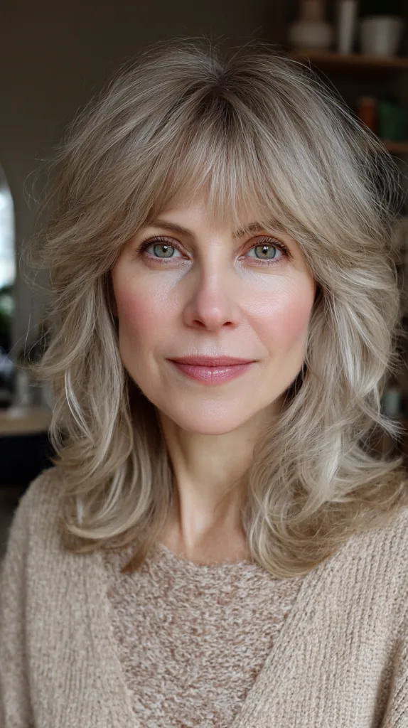 Soft Layered Ash Blonde Hair with Face-Framing Bangs