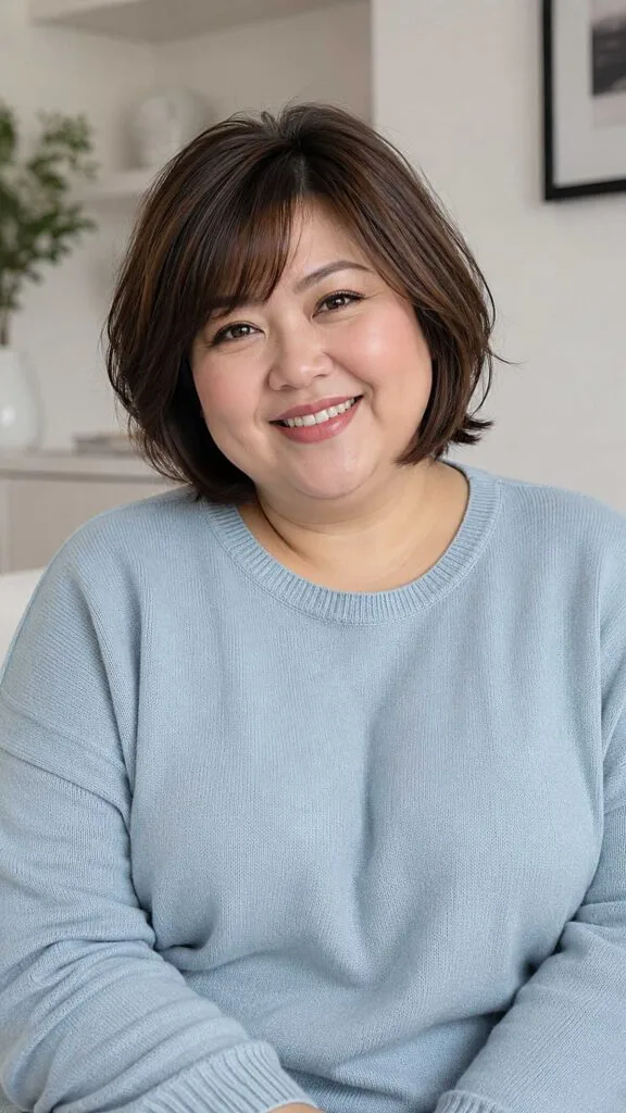 Soft layered dark brunette bob with wispy bangs on round face