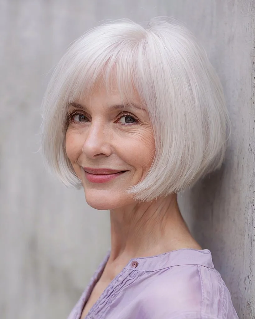 Soft layered inverted bob for over 60 with textured ends and rounded silhouette