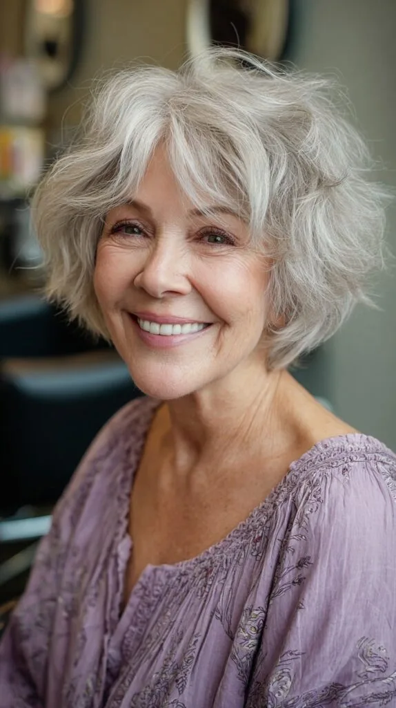 Soft Layered Silver Shag with Feathered Curtain Fringe