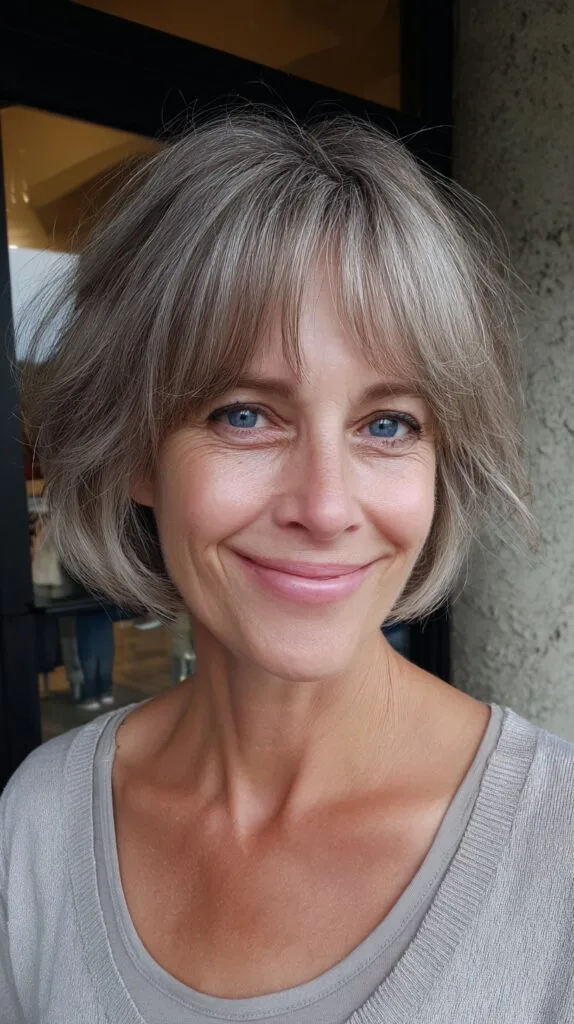 Soft Silver Choppy Chin-Length Bob with Curtain Fringe