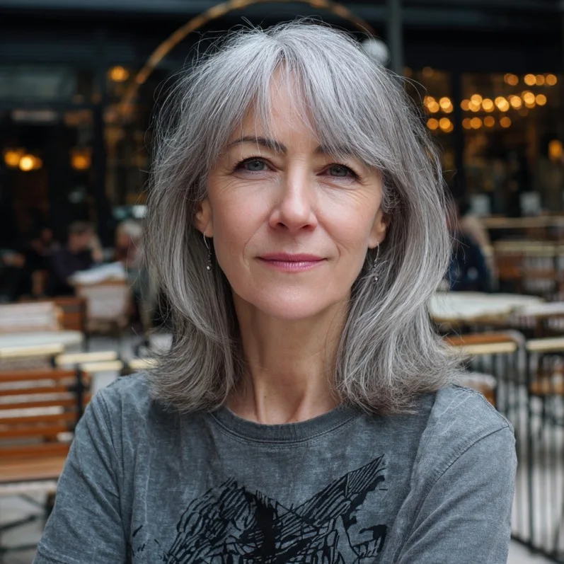 Soft Silver Lob with Feathered Curtain Bangs