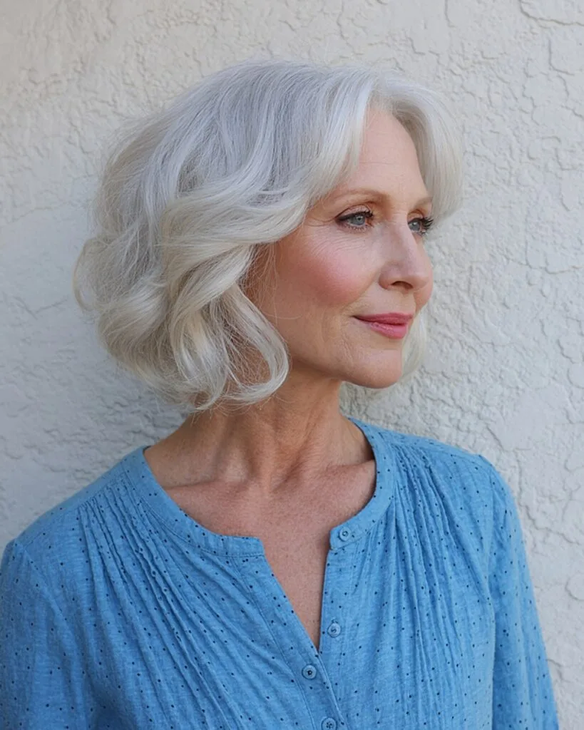 Soft stacked inverted bob for older women with light layers and voluminous curves