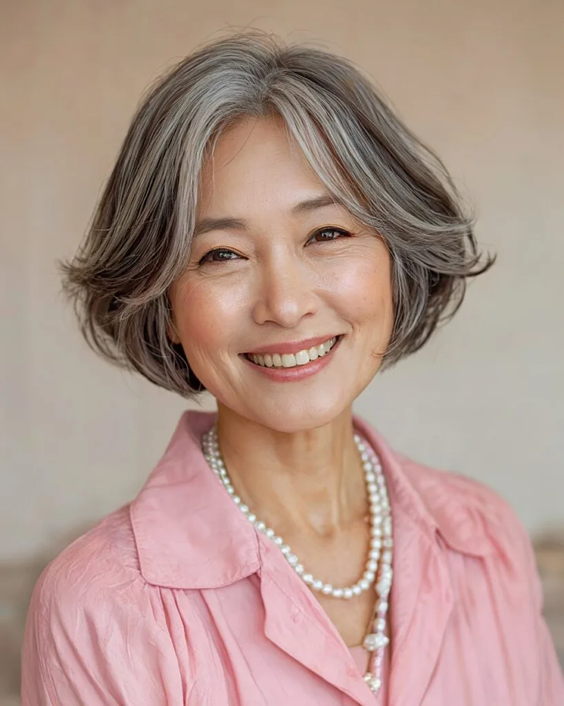 Soft wispy bob on older Asian woman with natural gray hair and feathered layers for a light Asian haircut
