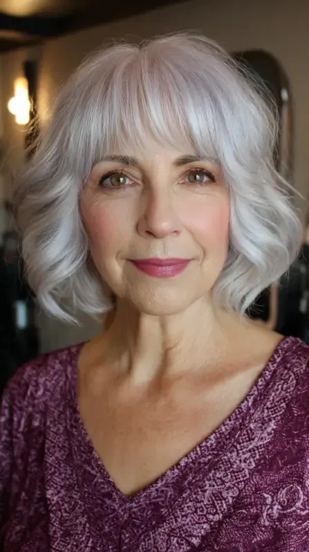 Softly Curled Silver Bob with Face-Framing Layers