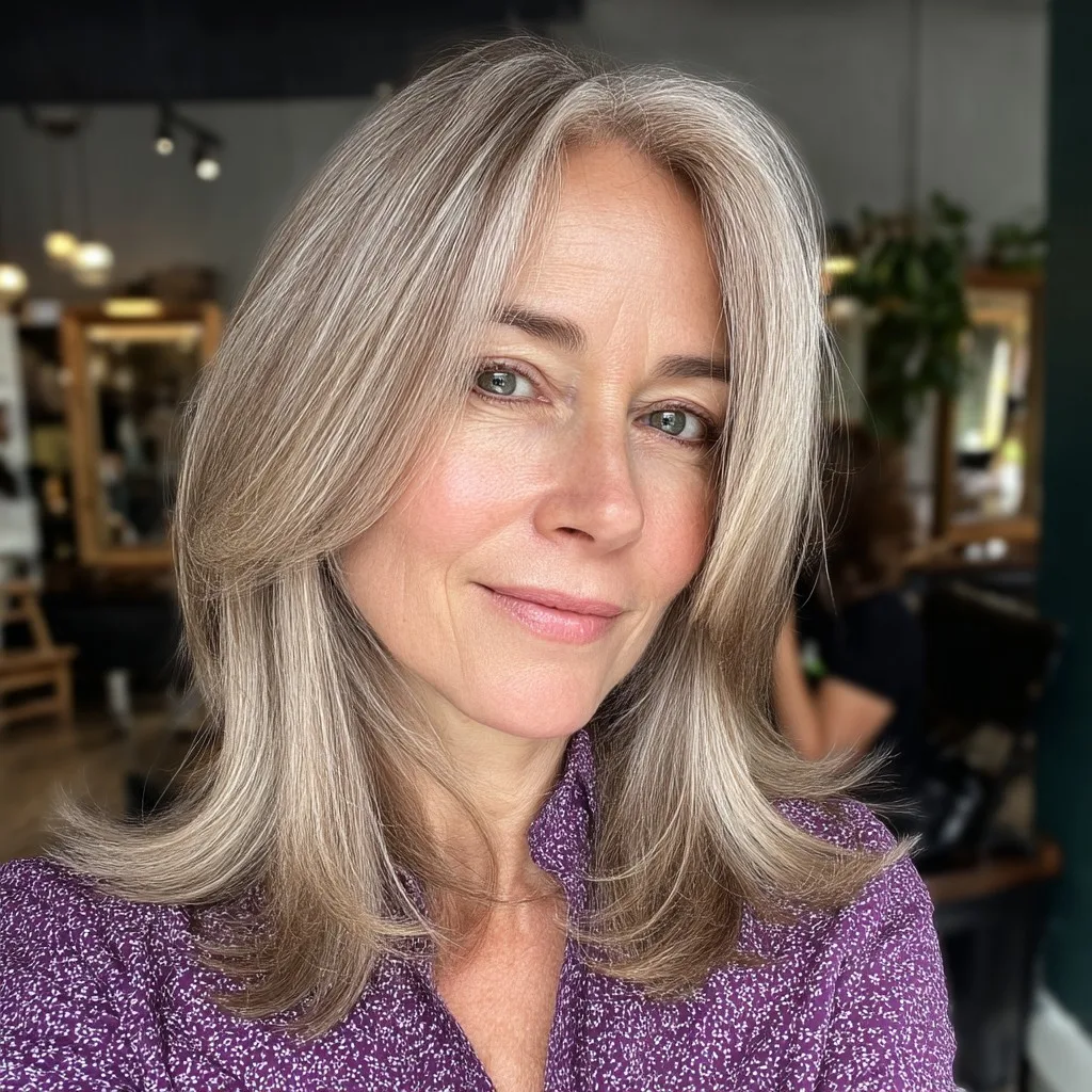 Softly Layered Ash Blonde Cut with Face-Framing Highlights