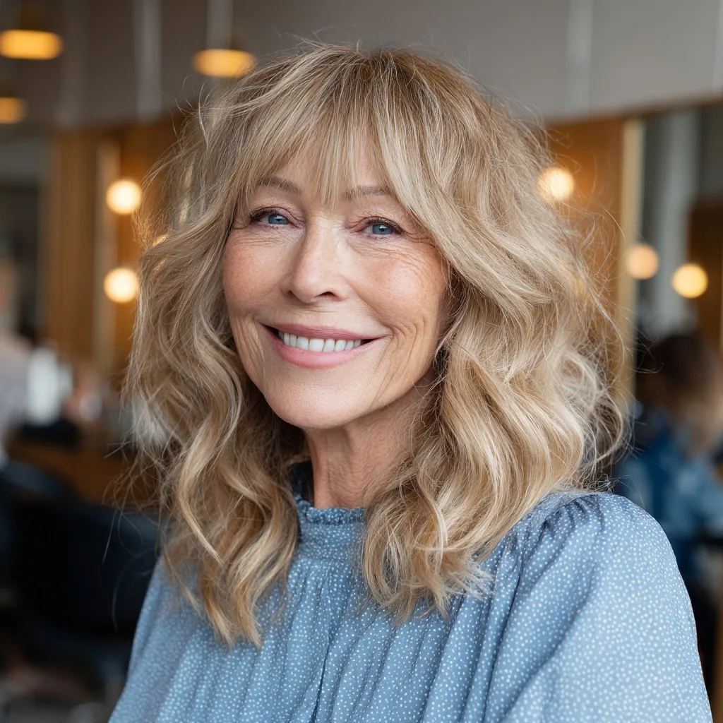 Softly Layered Beachy Waves with Face-Framing Bangs