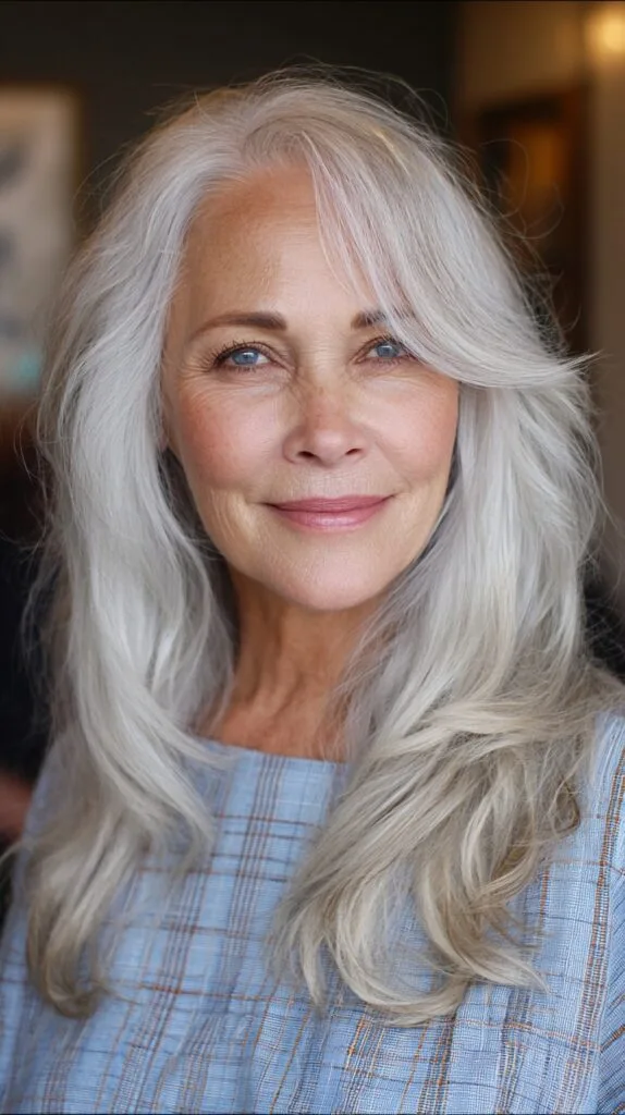 Softly Layered Long Silver Tresses