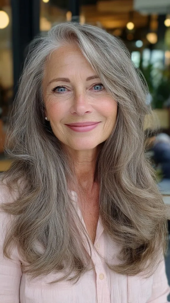 Softly Layered Long Silver Tresses with Natural Movement