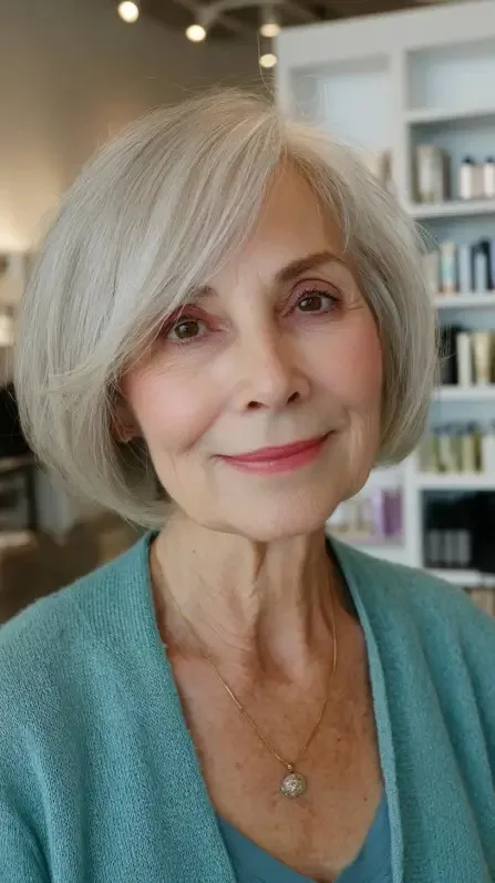 Softly Layered Silver Bob with Gentle Side Bangs