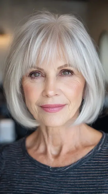 Softly Layered Silver Bob with Wispy Bangs