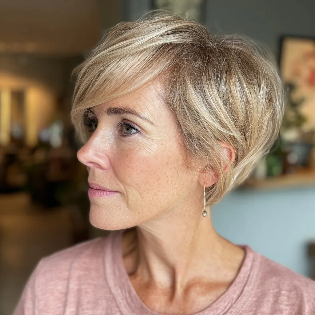 Softly Textured Angled Pixie Cut with Side-Swept Bangs