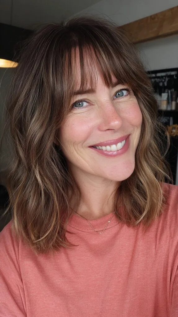 Softly Textured Chestnut Bob with Wispy Fringe