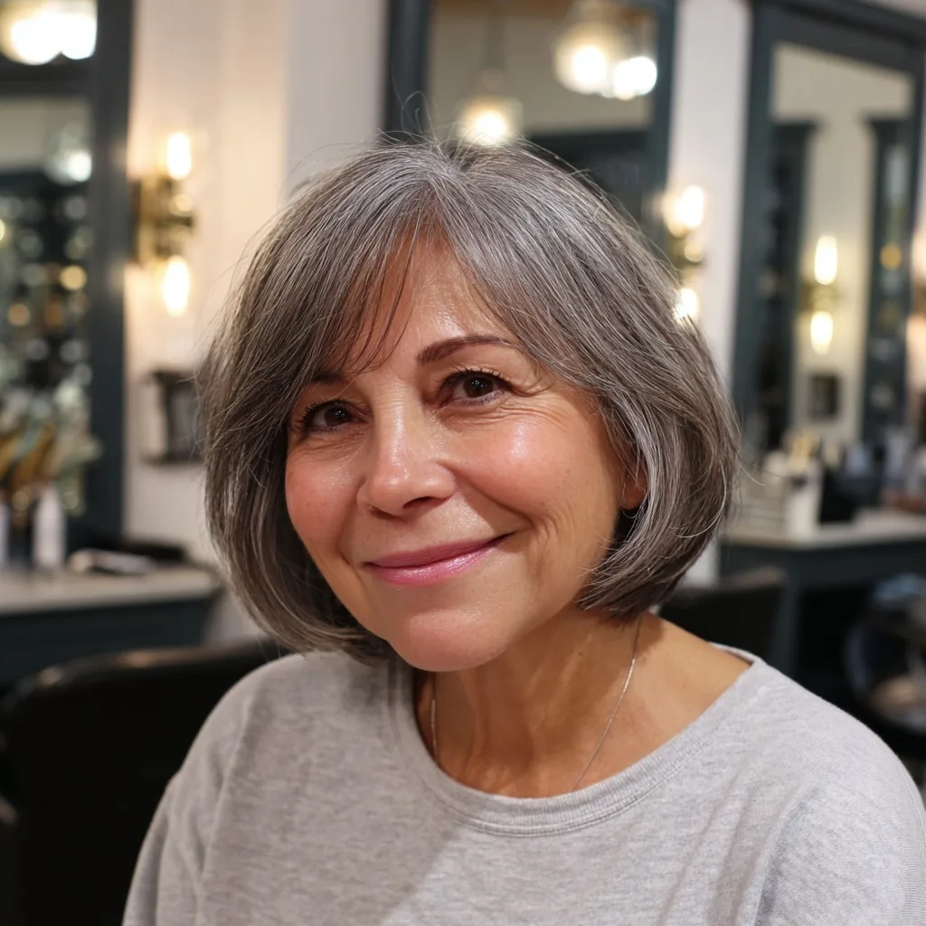 Softly Textured Gray Bob with Face-Framing Bangs