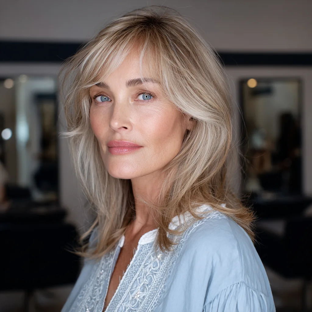 Softly Textured Long Layers with Side-Swept Bangs