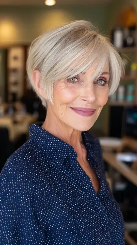Softly Textured Platinum Pixie with Side-Swept Bangs
