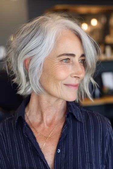 Softly Textured Silver Choppy Bob with Face-Framing Layers