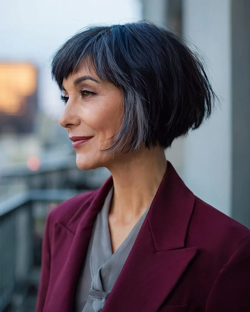Structured choppy A-line bob with sleek finish on older woman with dark hair and soft undercut