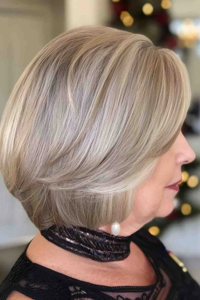 Stylish ash gray inverted bob on a woman over 50