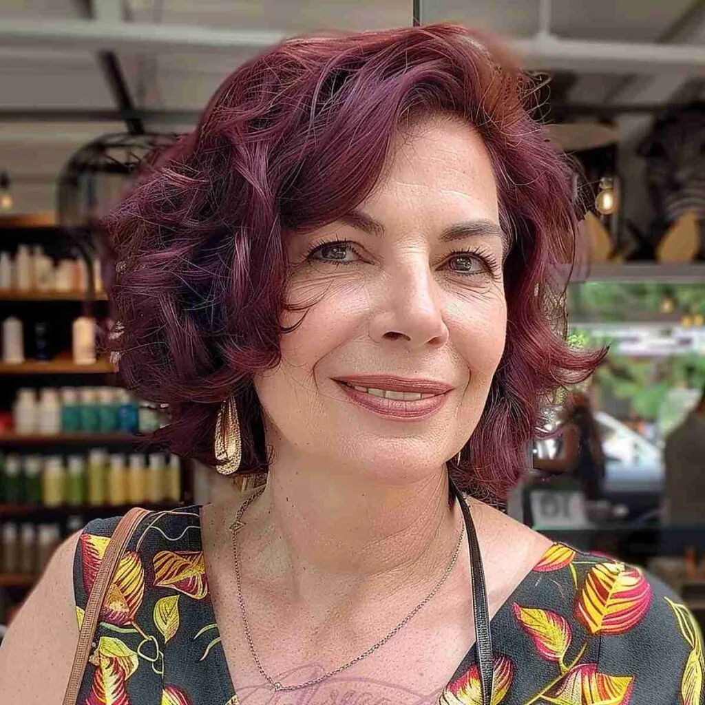 Stylish mahogany wavy bob hairstyle for women over 50