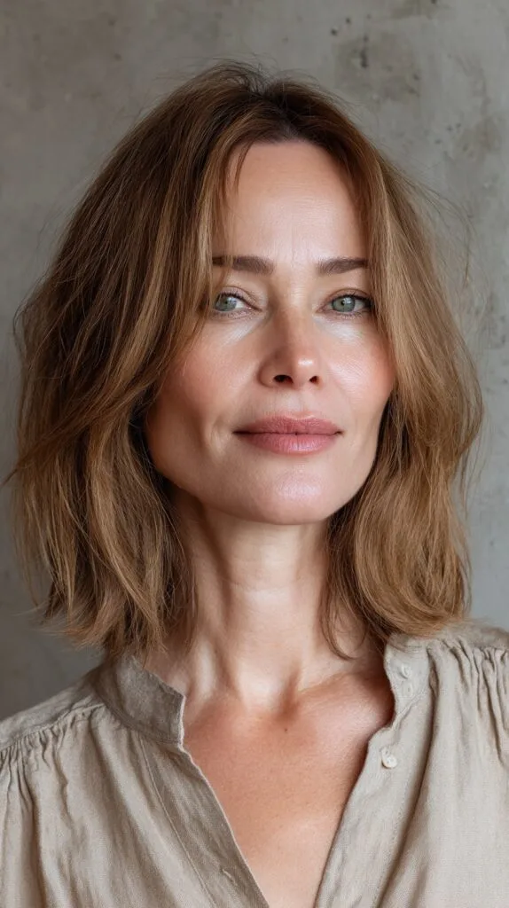 Subtle Bronde Textured Lob with Curtain Bangs